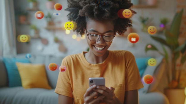 A smiling Black woman uses her smartphone at home surrounded by digital icons representing social media posts emojis and online shopping Generative AI