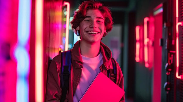 Smiling Black Woman With Digital Tablet In Hands Standing In Neon Light Over Purple Background