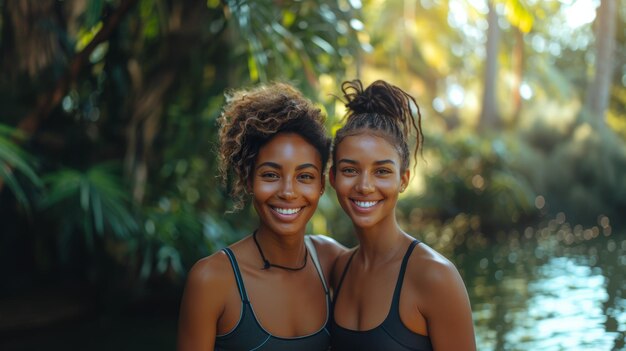 Smiling Black Women in Sportswear Outdoors in Tropical Setting