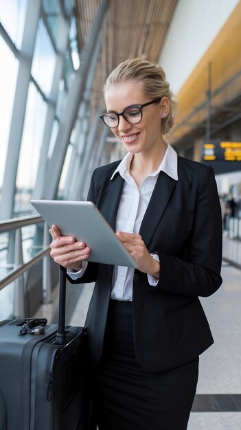 Photo smiling blond businesswoman using tablet pc at airport