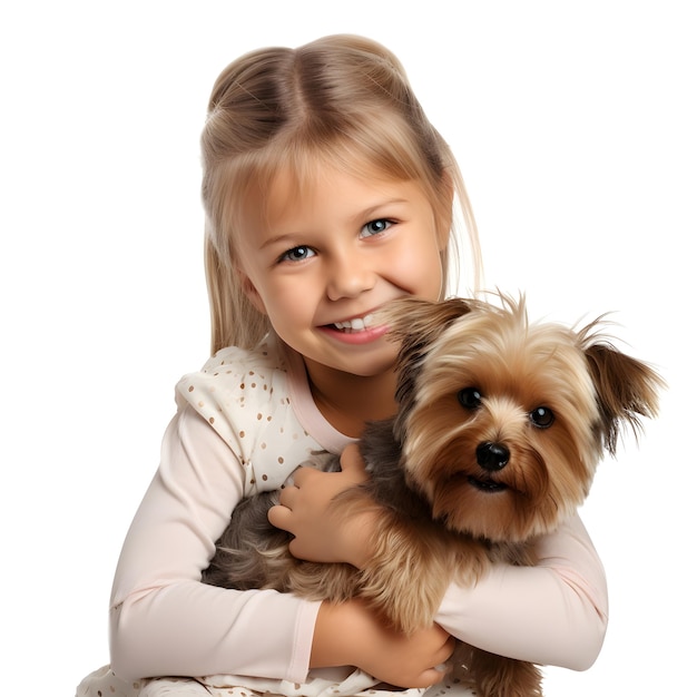 Smiling blond young girl with yorkshire terrier dog isolated on white background