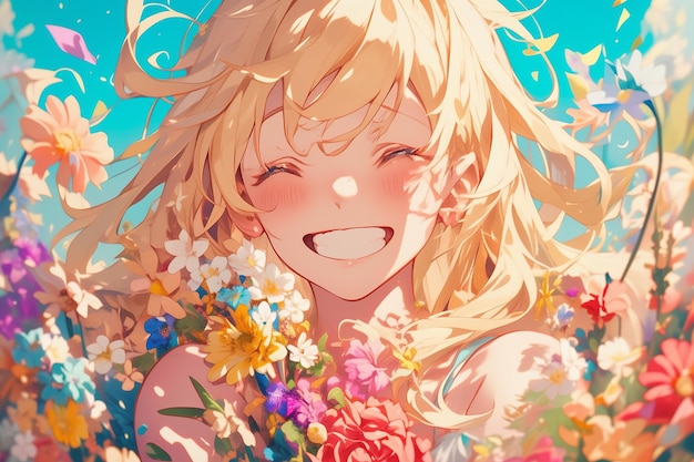 Smiling Blonde Anime Girl Surrounded By Flowers Exudes Youthful Charm