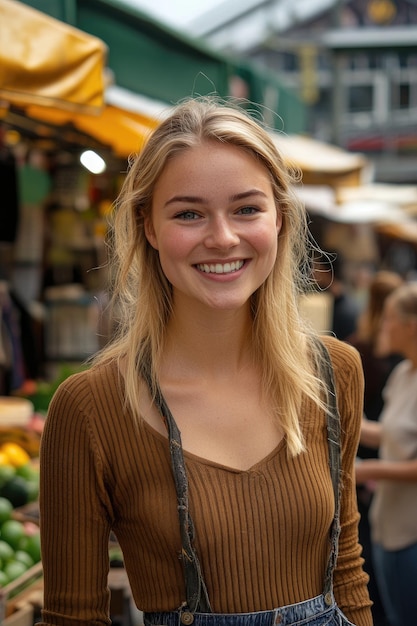 Photo a smiling blonde woman in a market with a smile on her face