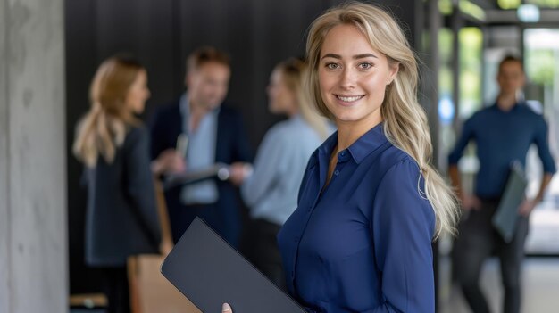 Photo the smiling blonde woman in office