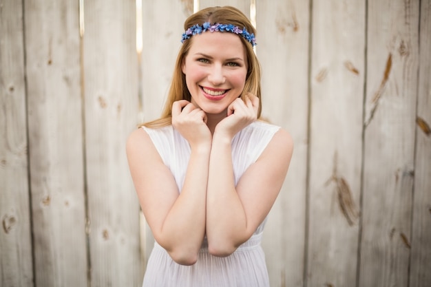 Smiling blonde woman wearing headband