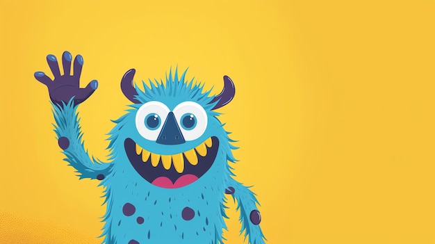 Smiling blue monster with horns waving on yellow background