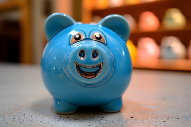 Smiling blue piggy bank on a blurred background concept of savings and financial planning