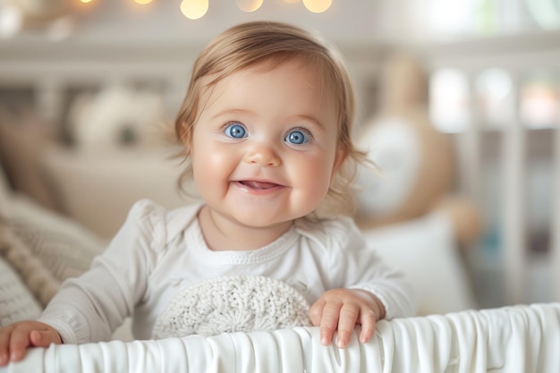 Smiling BlueEyed Baby Enjoying Tummy Time Indoors on a Textured Blanket