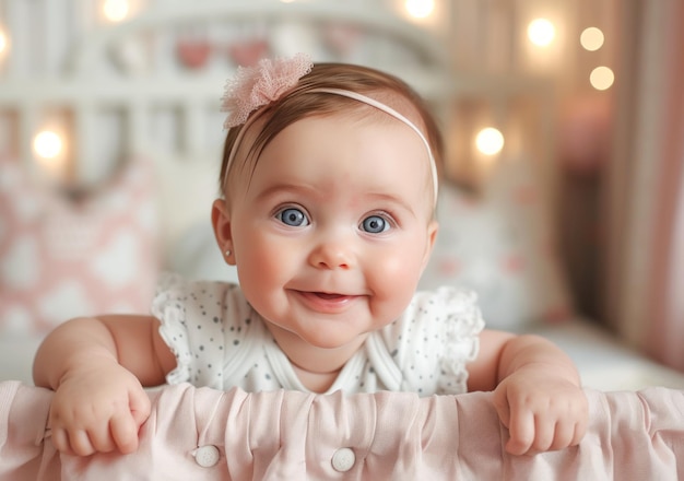 Smiling BlueEyed Baby Enjoying Tummy Time Indoors on a Textured Blanket