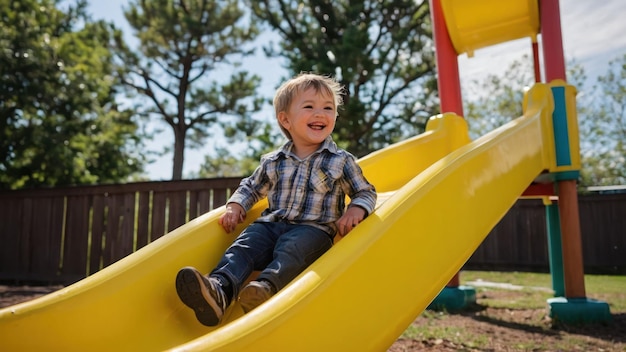 Smiling boy enjoying a slide at a sunny playground