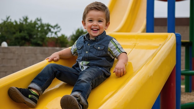 Smiling boy enjoying a slide at a sunny playground