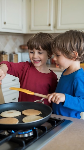 Photo smiling boy frying pancakes with brother in kitchen at home