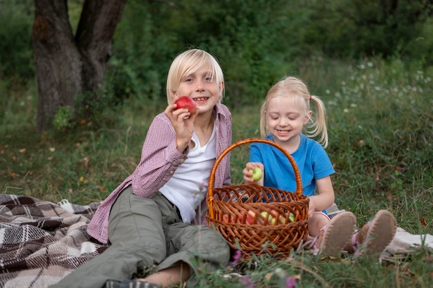 Smiling boy and little girl with apples in hand sit on lawn in garden Picnic for children on warm summer day