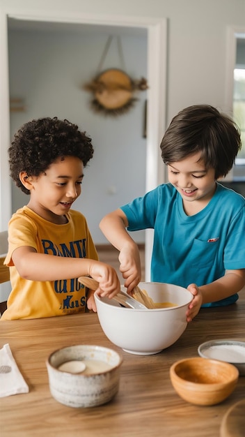 Photo smiling boy mixing pancake batter with brother at dining table