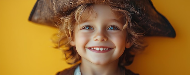 Smiling Boy in Pirate Hat on Bright Yellow Background for Halloween