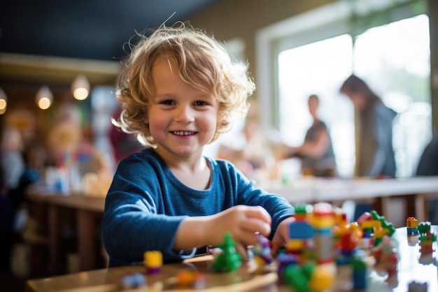 Smiling boy playing with colorful blocks indoors