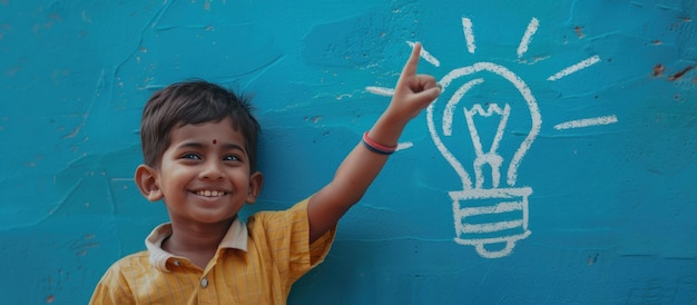 Smiling Boy Points to a Light Bulb Drawn on a Blue Wall