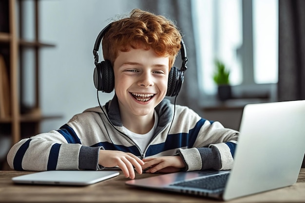 Smiling boy receiving congratulations during his telestudy listening with headphones on the laptop Ai generated