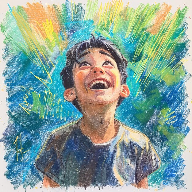 A smiling boy shouts his determination A midsummer color inspired by July and summer The background