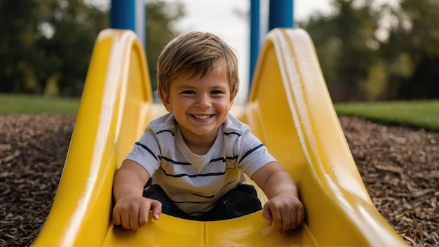 Smiling boy sliding down a colorful playground slide