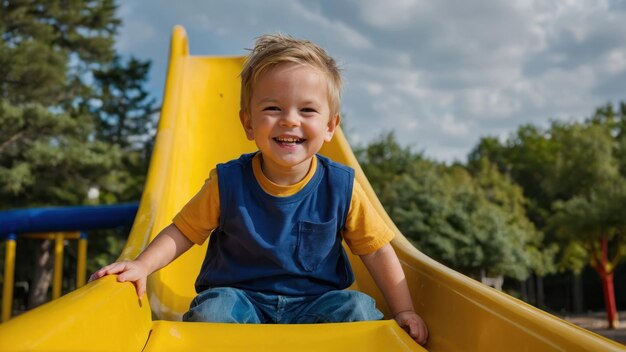 Smiling boy sliding down a colorful playground slide