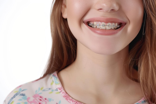 A smiling boy teenager with braces mouth close up Isolated on solid white background