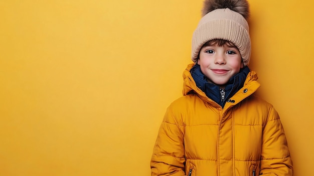 Photo smiling boy wearing winter clothes posing on yellow background