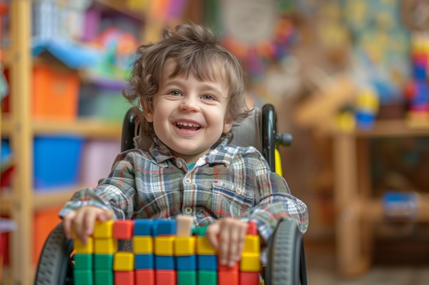 Smiling boy in a wheelchair plays with blocks in a classroom