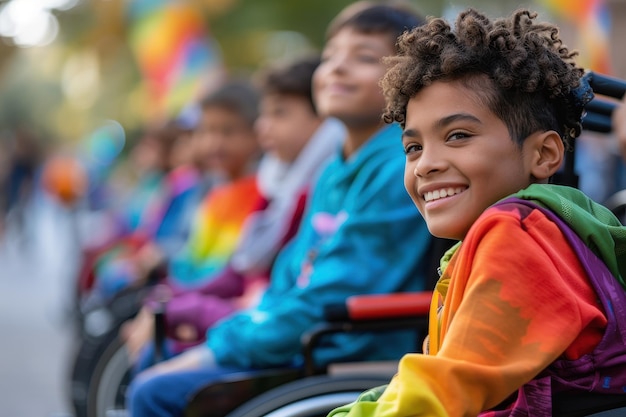 Photo smiling boy in wheelchair at pride parade