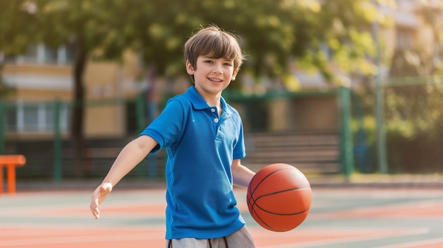 Smiling Boy with Basketball on Court