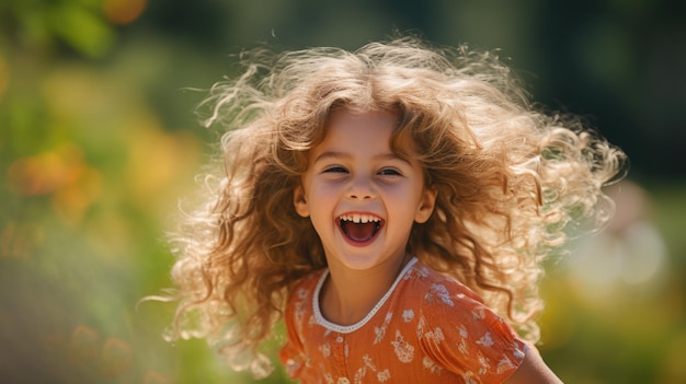 Smiling boy with curly hair in a green shirt outdoors Photography AIG51