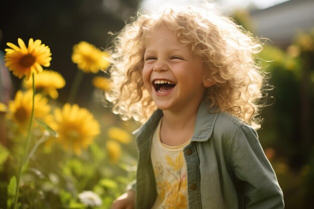 Smiling boy with curly hair in a green shirt outdoors Photography AIG51