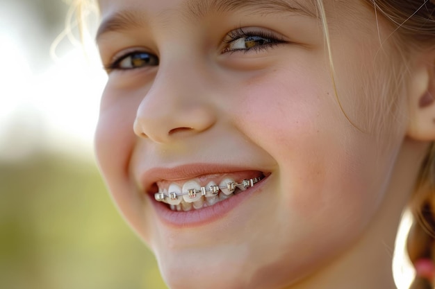 Smiling boy with metal braces on healthy white teeth Medical dental concept Generative AI