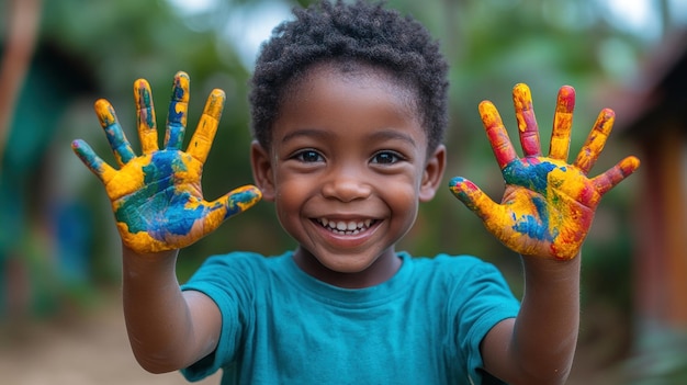 Smiling Boy with Painted Hands