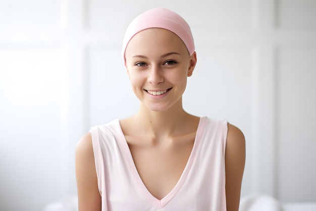 Smiling of breast cancer female in hospital room Breast cancer awareness month Brave fighter woman