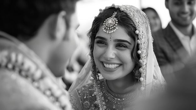 Smiling Bride in Detailed Kurti and Veil Surrounded by Crowd in grayscale