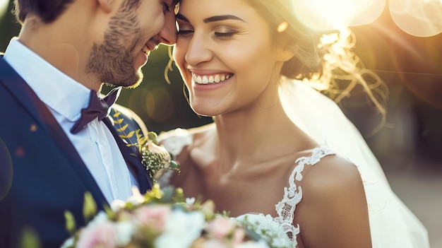 Photo smiling bride and groom sharing an intimate moment on their wedding day