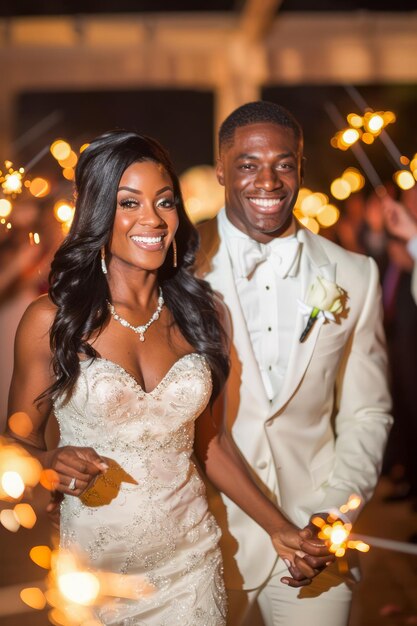 Smiling Bride and Groom Walking Hand in Hand During Evening Wedding Reception with Sparklers