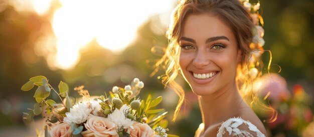 Smiling Bride Holding Bouquet of Flowers