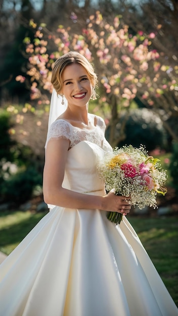 Smiling Bride Holding Bouquet in Garden