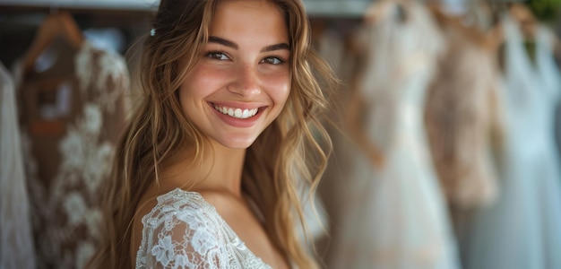 Smiling Bride Trying On Lace Wedding Dress in Bridal Shop