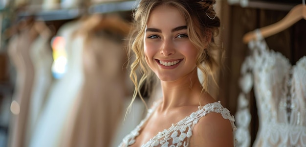 Smiling Bride Trying On Lace Wedding Dress in Bridal Shop