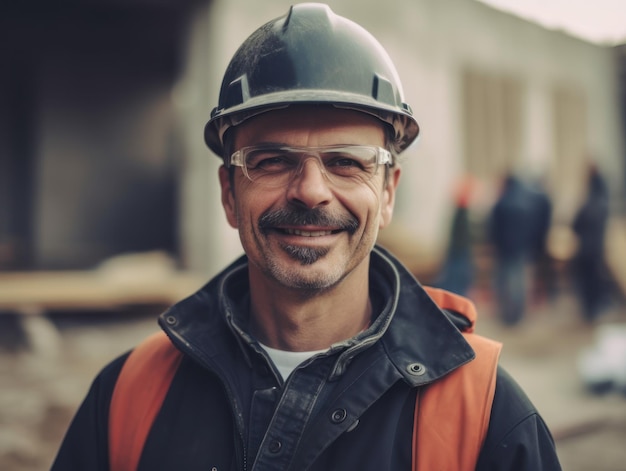 Smiling builder in hard hat at a construction site