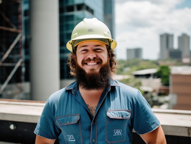 Smiling builder in hard hat at a construction site