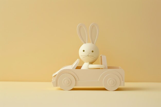 Photo smiling bunny driving a toy car in cream beige in paper cut style