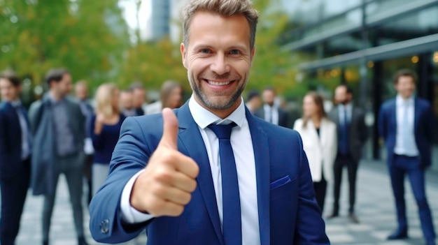 Photo smiling business consultant giving thumbs up to team