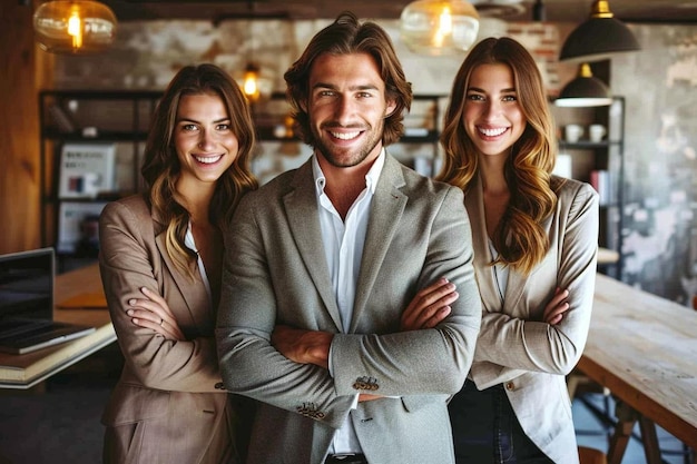 Smiling business team looking at the camera