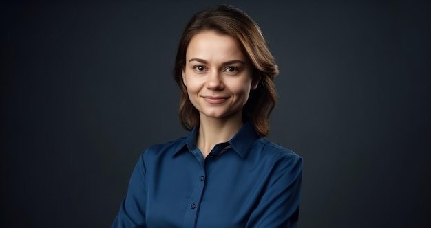 Smiling business woman in blue shirt standing with arms crossed isolated portrait