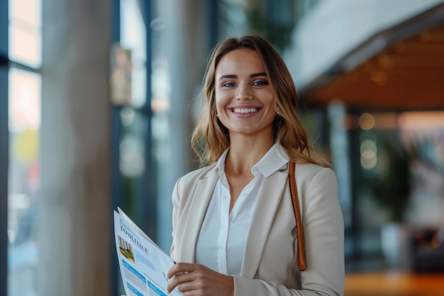 Smiling business woman holding a home insurance brochure welllit office symbolizing business success