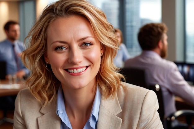 Photo smiling business woman in an office at team meeting businesswoman with colleagues in boardroom smil